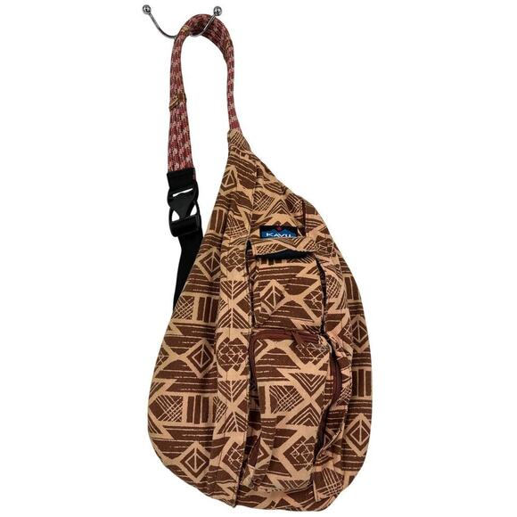 KAVU Sling Bag Burnt Orange Brown Aztec Tribal Print Canvas Rope Shoulder - Picture 1 of 12